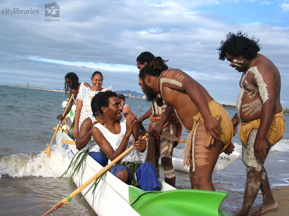 Performers from Townsville Aboriginal and Torres Strait Islander Cultural Centre at a publicity photo shoot on The Strand, Townsville, August 2007