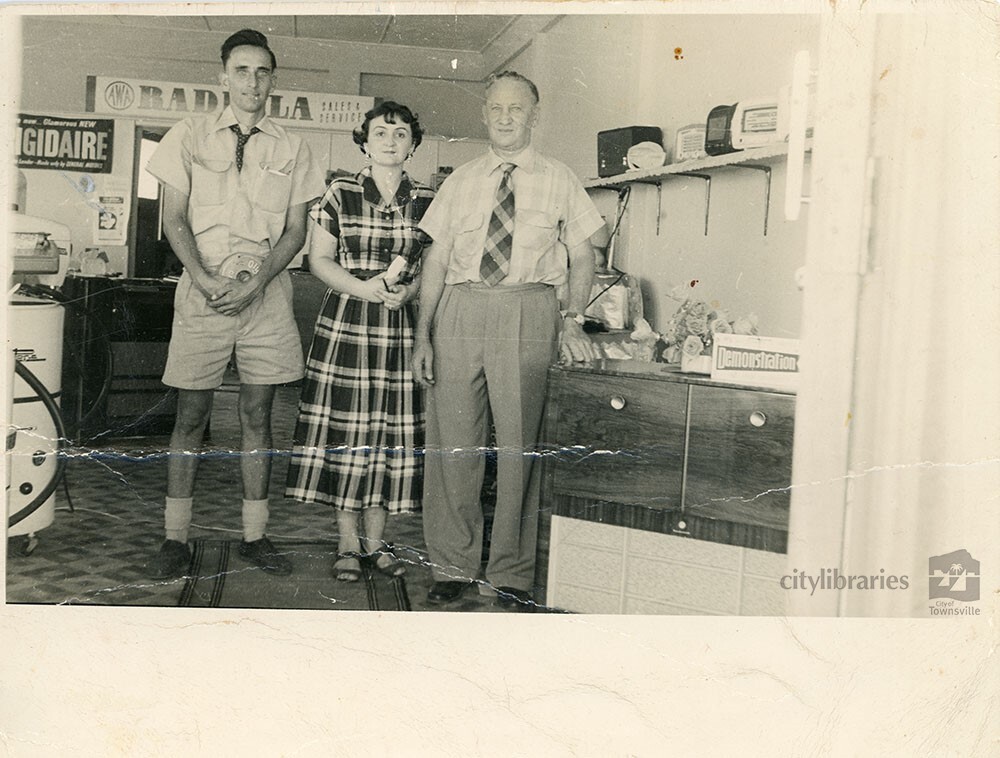 Max and Phyllis Hillman in Hillman's Electric Shop, Townsville, ca. 1953