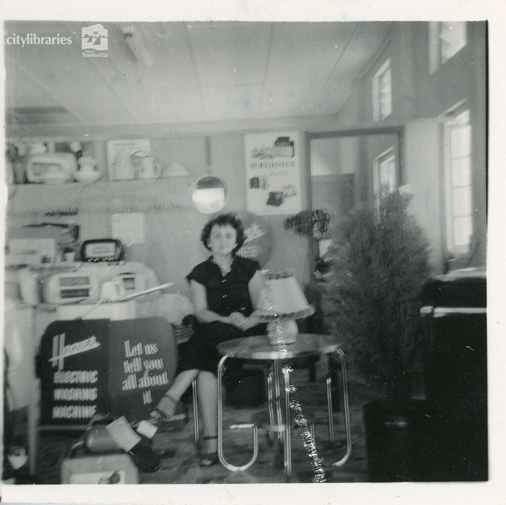 Phyllis Hillman in Max Hillman's Electric Shop, Townsville, 1953