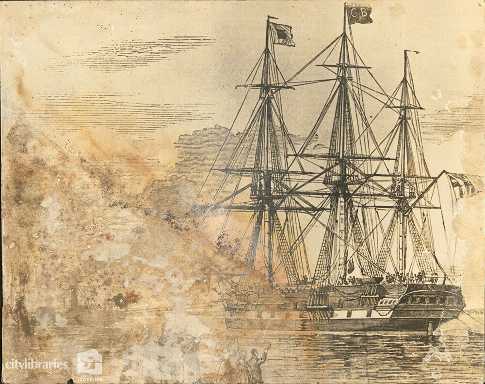 Illustration of immigrant ship, "Towing Out", 1844