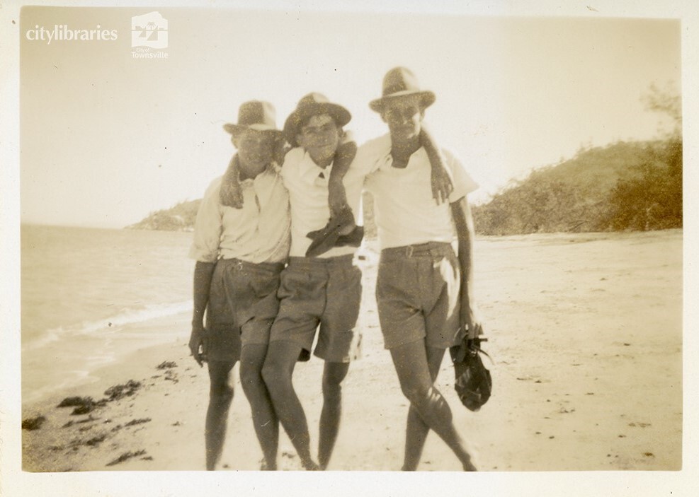 Tom Clemm, Keven Barton and Orton Matthews at Picnic Bay, Magnetic Island, 1 January 1946