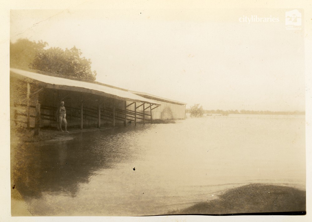 Working stables at Cluden Racecourse during flood, Townsville, [10 February 1946]
