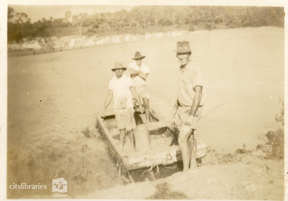 P. Christopher, D. White and Steve Farrell during works to raise the wall at Black Weir, Townsville, May 1950