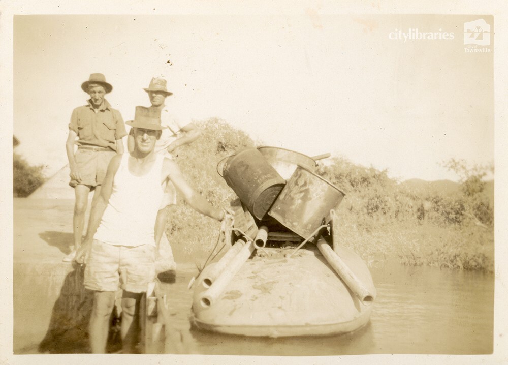 Workers at Aplin's Weir during works to raise the wall, Townsville, May 1950