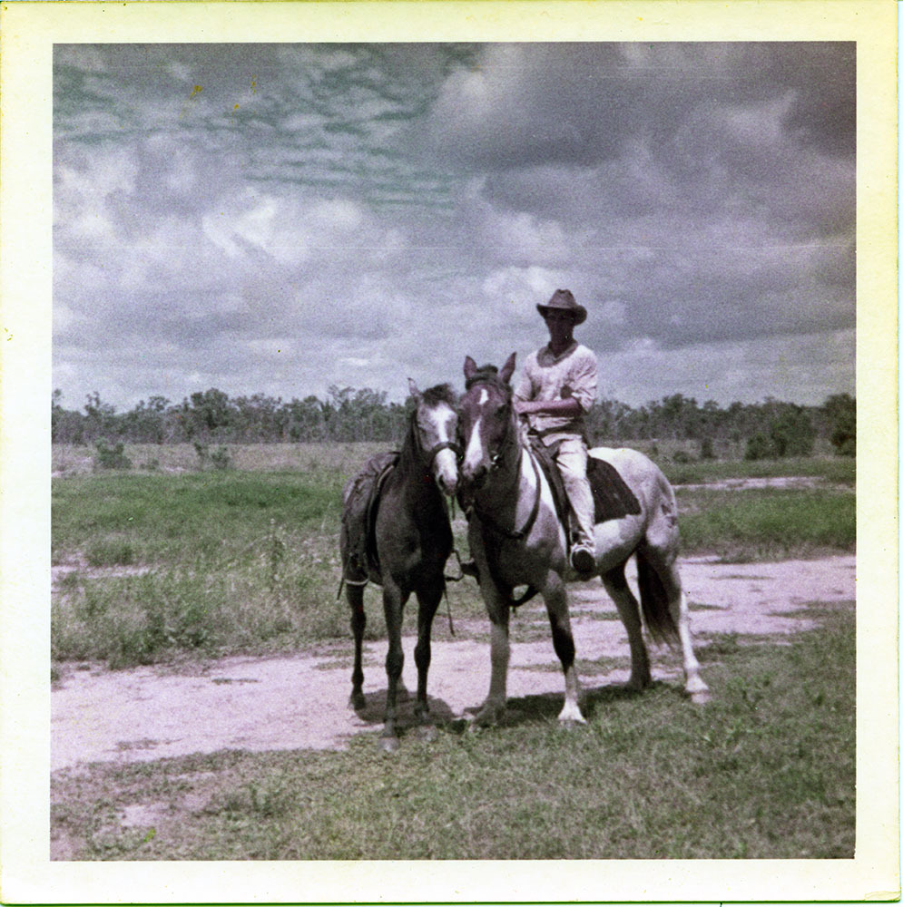 Worker on horseback, Dotswood Station, ca. 1965