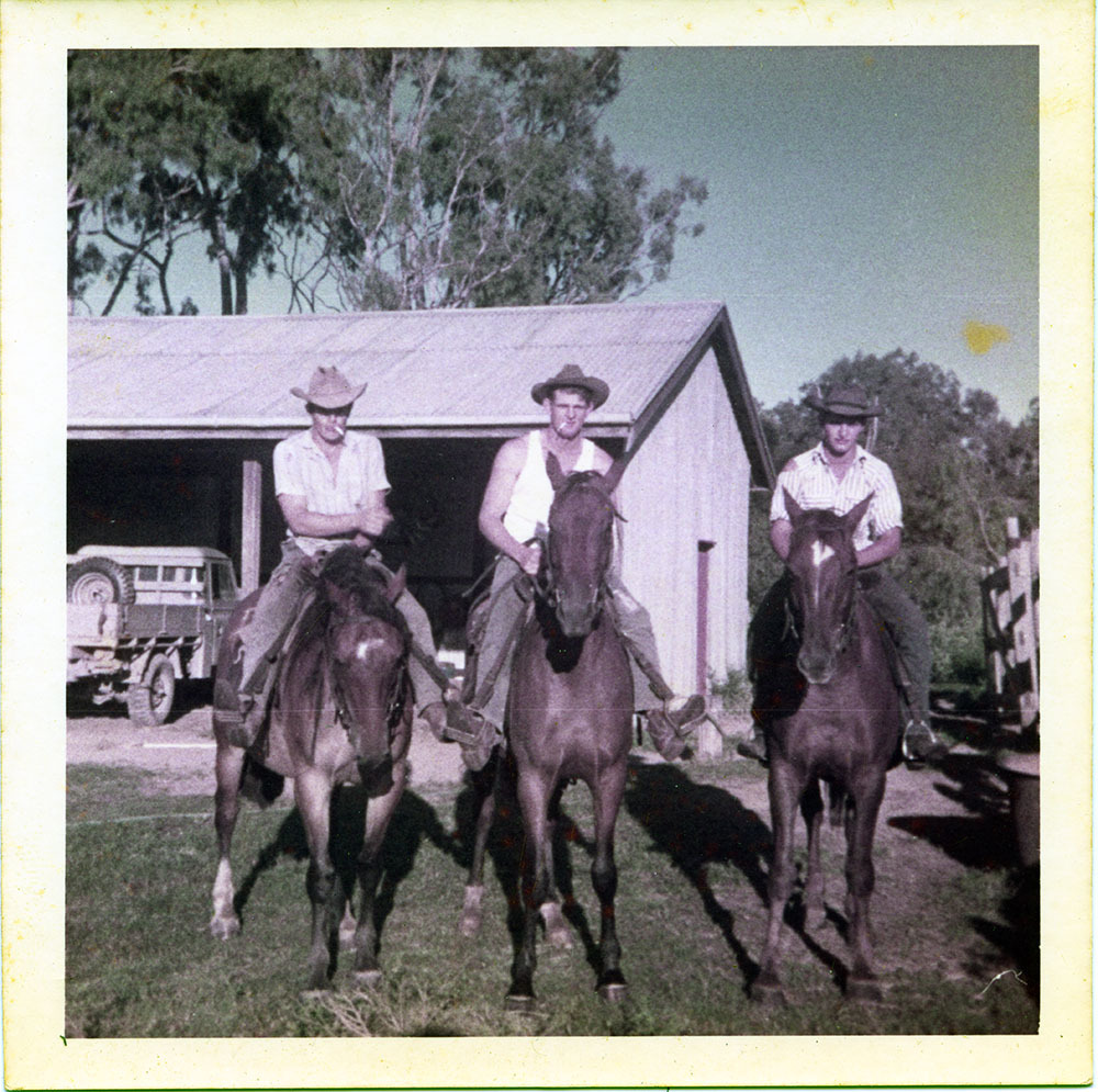 Workers on horseback, Dotswood Station, ca. 1965