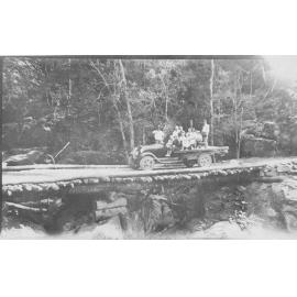Mount Spec, Ford truck on temporary bridge over Crystal Creek, ca 1930 