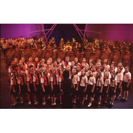 Schoolchildren and soldiers performing at a VP50 event, August 1995