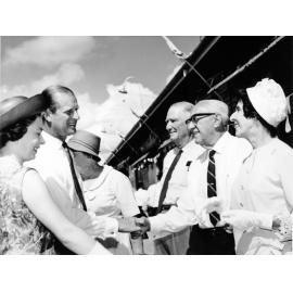 Queen Elizabeth and Prince Philip talk with Mr and Mrs A.W. Shepherd and Mr Tom Aikens, Townsville, 20 April 1970