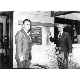 Townsville Mayor, Alderman Perc Tucker and Alderman Eamon Lindsay at the official opening of the Douglas Water Treatment Plant, 1977. 