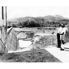Townsville Mayor, Alderman J. Angus smith and City Engineer, Mr Ian Fairweather, inspecting the water impounding area behind the Black weir, 1966. 