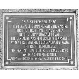 Plaque on granite plinth commemorating the first raising of the Australian flag, in Townsville, 16 September 1901
