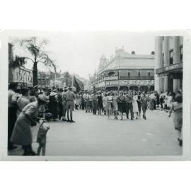 Celebrations in Flinders Street following the peace announcement ending World War II, 15 August 1945