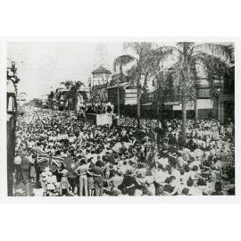 Celebrations in Flinders Street following the peace announcement ending World War II, 15 August 1945
