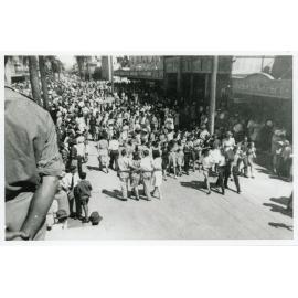Celebrations in Flinders Street following the peace announcement ending World War II, 15 August 1945