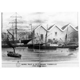 Burns Philp and Co.'s wharf from Ross Creek, Townsville, 1884