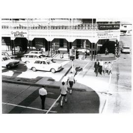 First test of controlled pedestrian traffic signals, Flinders Street, cnr Blackwood Street, near the Great Northern Hotel, Townsville, 10.08.1966