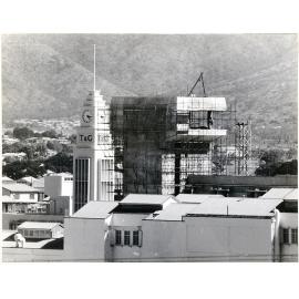 Aerial view of Lowth's new hotel during construction, corner of Flinders and Stanley Streets, Townsville City, Townsville, 15 March 1968