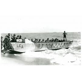 Landing craft on Strand beach, Townsville, 1942