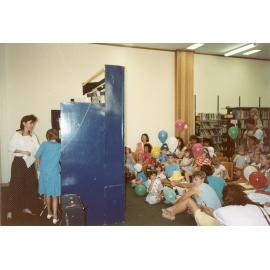 Behind the scenes of the puppet show, Townsville city library, Flinders Street, 1988