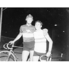 Brien Mansell (left) and John Biel, winner and second respectively, in the Townsville City Wheelers five mile senior scratch race, 1973