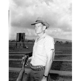 Bill Carrington of Charters Towers, winner of the Queensland Skeet Championship and the Commonwealth Double Barrel Sparrow Championship at the Townsville Gun Club's ground near Blakey's Crossing, 1962