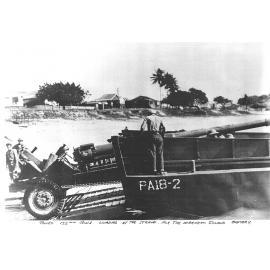 Towed 155mm gun loading at the Strand, Townsville, for the Magnetic Island battery, circa 1942