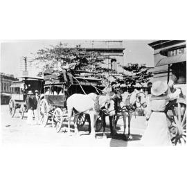 Horsedrawn buses, belonging to the Hermit Park Bus Service, Flinders Street, Townsville 