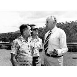 Prime Minister, Edward Gough Whitlam with the City Engineer, Hugh Mayston and the Water Engineer, Roy Whittle the R R Dam, 1977. 