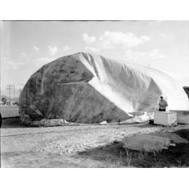 Inflating the Church of Christ aerosphere in Keyatta Park, Hugh Street, West End, Townsville, 1969. 