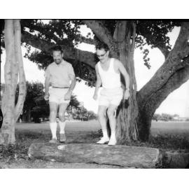 Alderman O.K. Griffiths (right) President of the National Fitness Council and Jim Thomas, Director of Parks, during Keep Fit Week, Townsville, 1974. 