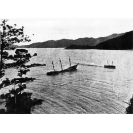 The "Arcadia" passing the wreck of the Moltke in Geoffrey Bay, Magnetic Island, February 1916. 