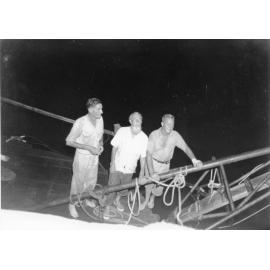 Mr. William Willis on his raft "Age Unlimited", with Mr. Phil Theodore (left) and Mr. Alf McDonald of Tully, 12th October, 1966 
