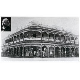 Lowths Hotel, with Thomas Lowth (inset) advertising Stanley Pictures, corner of Flinders and Stanley Streets, Townsville City, Townsville, 1916