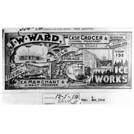 Letterhead of J.W. Ward, Grocer of Queenton, Charters Towers, ca.1900