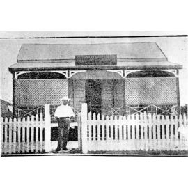 William McKenzie, sail maker standing outside his home, 1884 