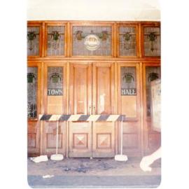 The entrance to the Town Hall, after the 1978 fire. 
