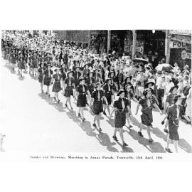 Guides and Brownies marching in the Anzac Day parade, Townsville, 25 April 1950