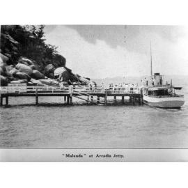 Passengers disembarking from the ferry Malanda, at Arcadia Jetty, Magnetic Island, December 1929. 