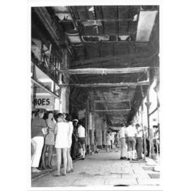 Fire damage to the Town Hall, from the Austral Cafe fire, Flinders Street, March 1971