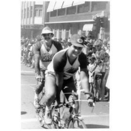 Mike Burke and Harold Bligh in Stokes Street, Townsville on route to Queens Park, before heading south to Brisbane, 1983 