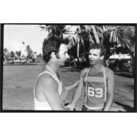 Mike Phillips, winner of the Townsville Pacific Festival "King of the Castle" run, (34 minutes, 9 seconds), with the runner-up, Corporal Greg Wilson of 4 Camp Hospital, 1972
