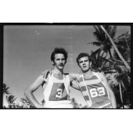 Mike Phillips (left) winner of the Townsville Pacific Festival "King of the Castle" run, with the runner-up, Corporal Greg Wilson of 4 Camp Hospital, 1972