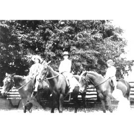 Ruth Kelso, Arthur Kelso and Ernie Kelso riding horses, with Ethel Kelso, ca 1920 