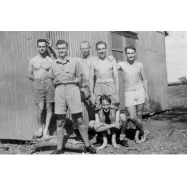 Bill Stevens, Lloyd McGarry, Harold Lock, Ken Baker, Jack Woodward and Hilary McGrath outside barracks, Cloncurry ca 1940 