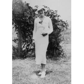 Ethel Kelso, in white moricain dress, dressed for the show, July 1934 