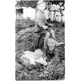 Arthur Kelso on tricycle, with Ruth and Ernie Kelso, ca 1916 