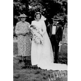 The bride Margaret Walker with Mr and Mrs Jervis Walker, 16 August 1947 