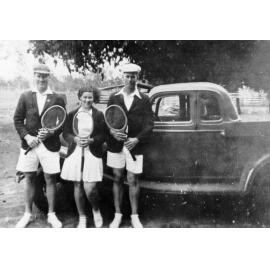 Ernie, Jane and Dick Kelso going to play tennis, 1937 
