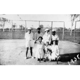Benton family with Ruth Kelso, George McCann and Marg Patterson, prepared for tennis, ca 1938 